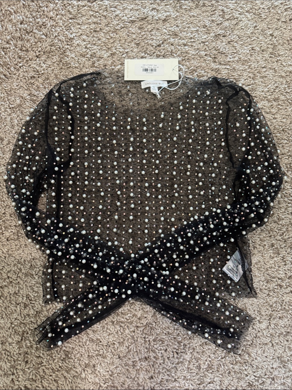 Pearl-Embellished Sheer Blouse - Black
